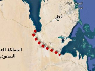 خريطة تُظهر خطاً باللون الأول دلالة على قناة سلوى البحرية على الحدود السعودية-القطرية