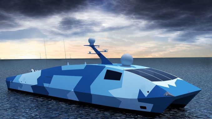 رسم مفهوم لسفينة السطح غير المأهولة التي تنتجها شركة Austal الأميركية. لم تعيّن DARPA شركاء الصناعة في مشروع NOMARS الخاص بها. (أوستال الولايات المتحدة الأميركية) سفينة